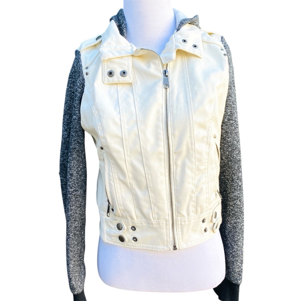 New Look Moto Jacket Cream and Gray Faux Leather Knit Cropped  Zip Small Hooded